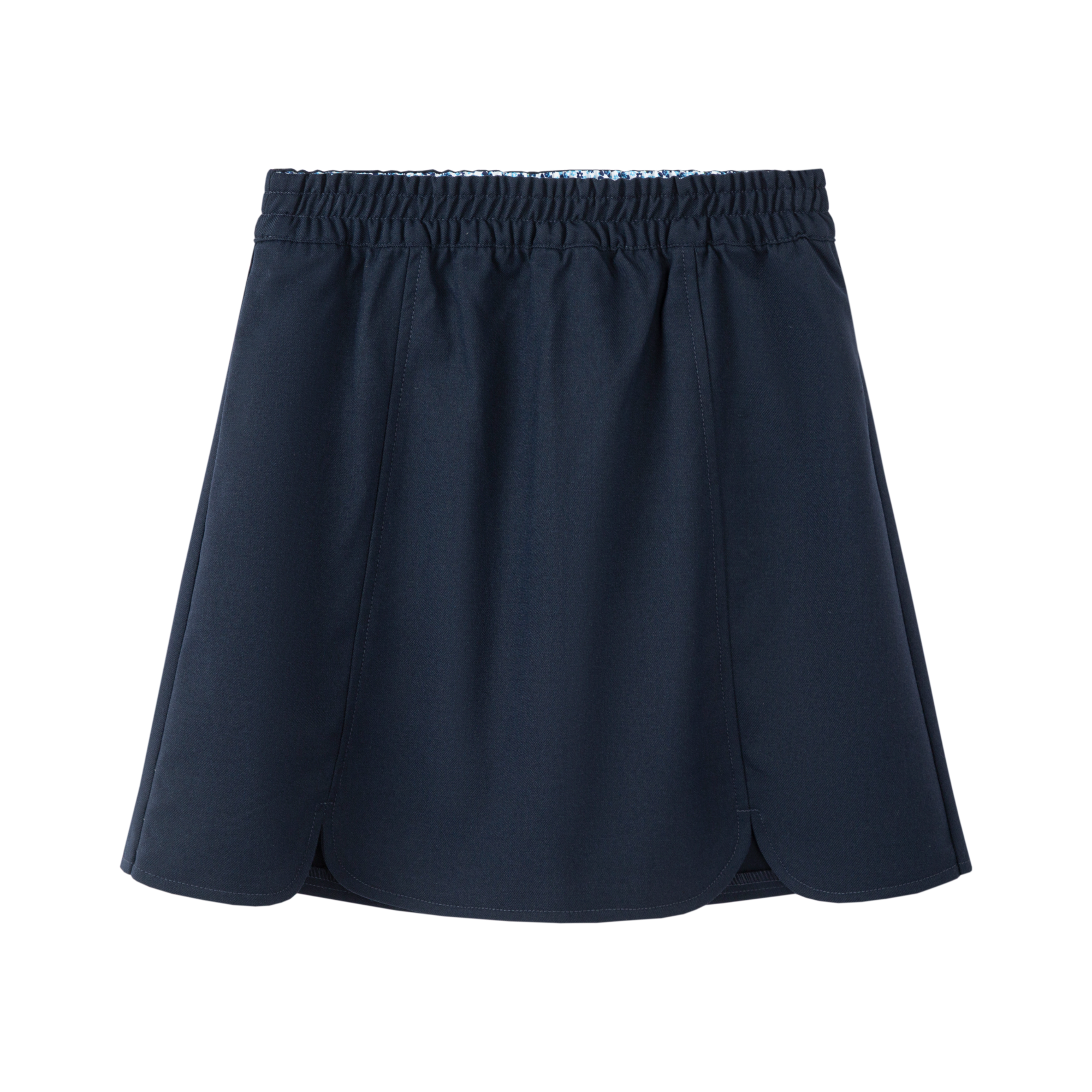 Everanne girls' navy preppy skirt with adjustable waist and built-in shorts, featuring classic style and comfortable fit.