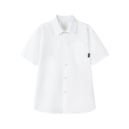 Boy wearing a white casual short-sleeve summer shirt with a front pocket, button-up style, from Everanne.