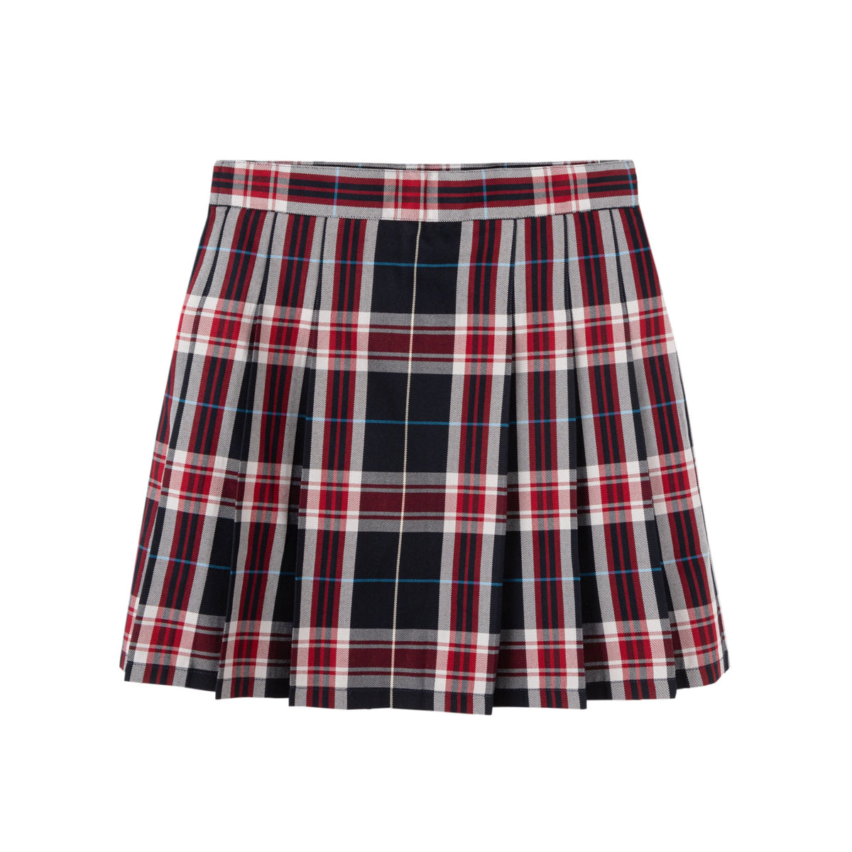 Everanne girls TR woven pleated school uniform skirt in navy, red, and white checkered pattern.