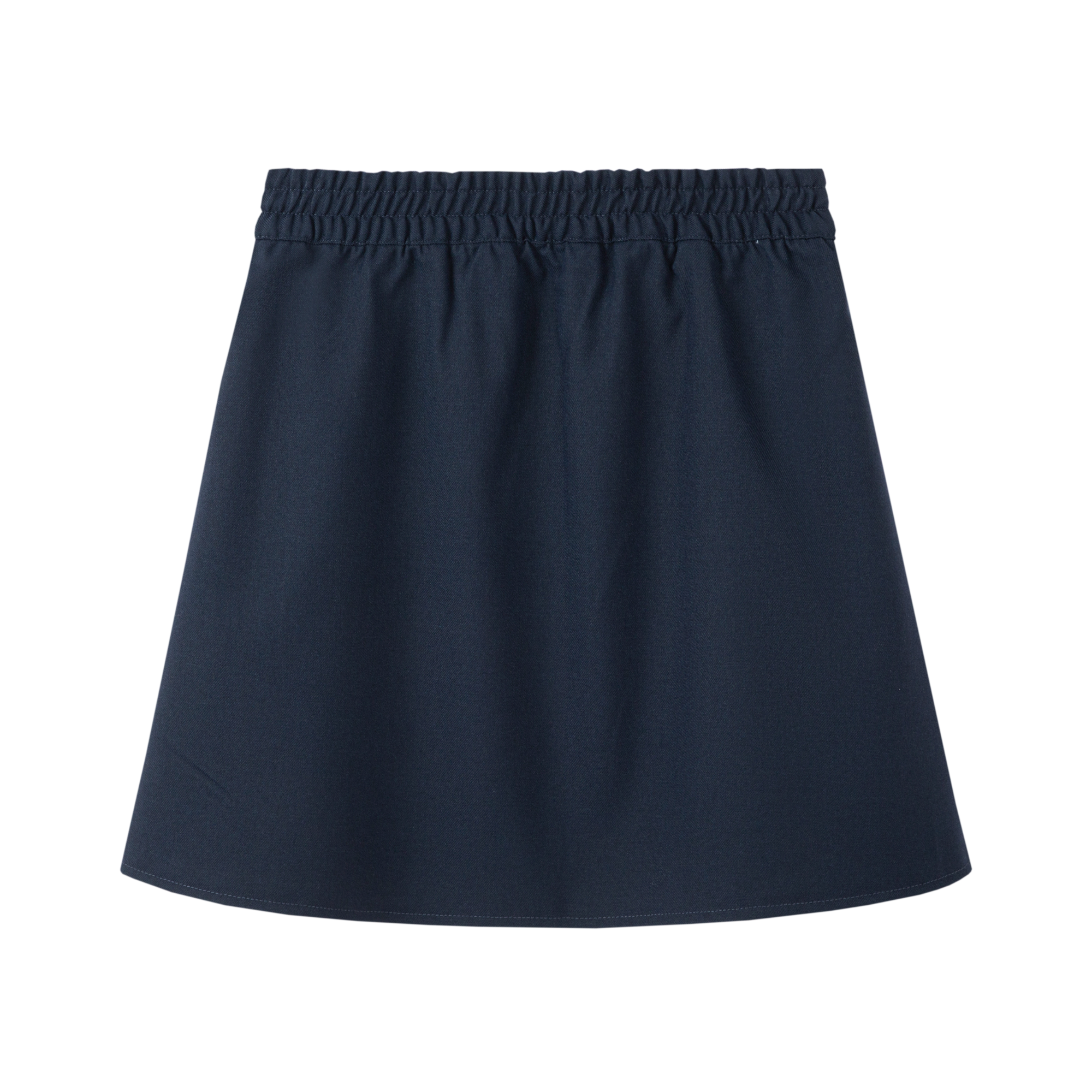 Everanne girls' navy preppy skirt with adjustable waist and built-in shorts, stylish and comfortable for school or casual wear.