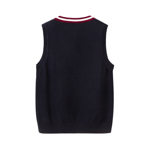 Everanne girls' and boys' V-neck sweater vest for school, blue and red striped colorway.
