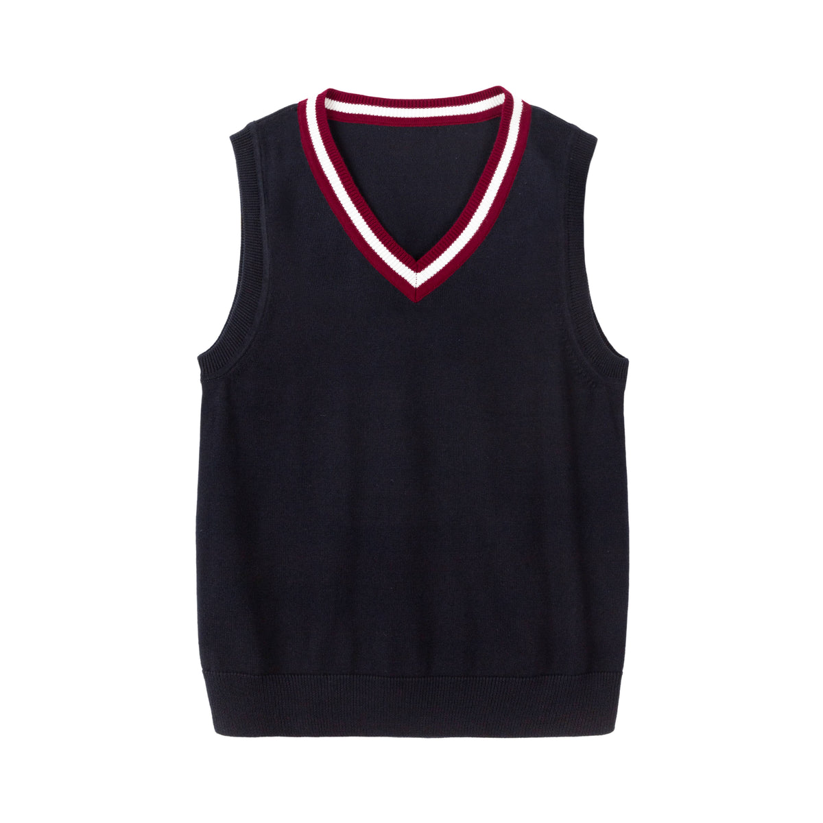 Everanne cotton V-neck school uniform sweater vest with blue and red striped collar detail on a cream background.