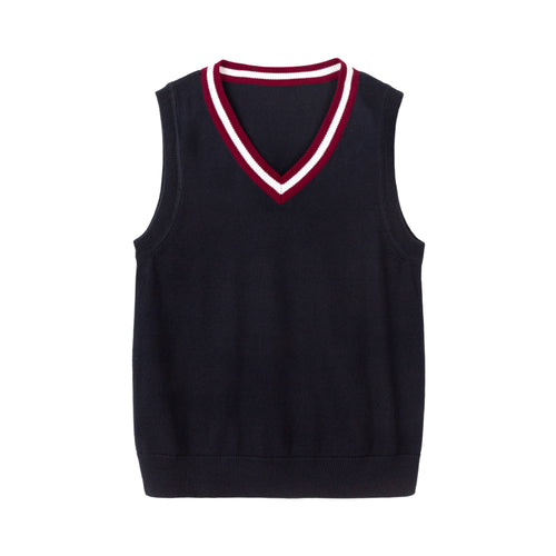 Everanne cotton V-neck school uniform sweater vest with blue and red striped collar detail on a cream background.