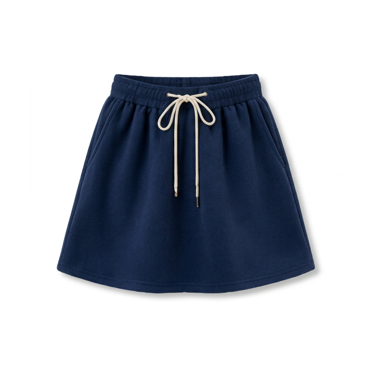 Front view of Everanne Deep Current drawstring mini skirt with elastic waistband and curved hem
