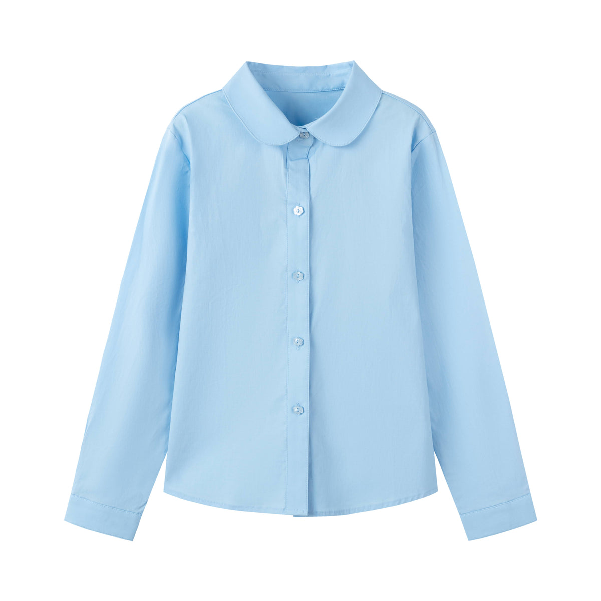Everanne girls blue stretch poplin long sleeve school shirt with rounded club collar, front view