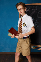 White boys' short-sleeve summer shirt by Everanne with casual button-up style and front pocket, displayed on a hanger.