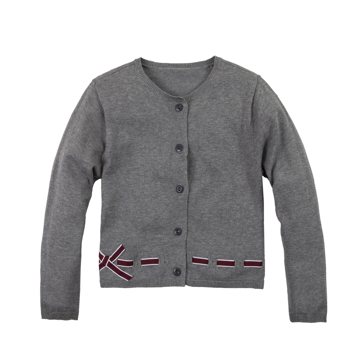 Everanne Girls Cotton Bow Cardigan Sweater with Round Collar Waist Detail Gray