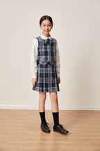 Everanne girls' navy plaid school uniform jumper dress with pleated skirt, featuring a classic and stylish design.