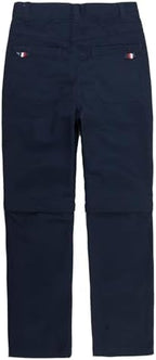 Everanne lightweight twill pants with removable campus strap, elastic waistband, cotton nylon blend, and leather tab detail.