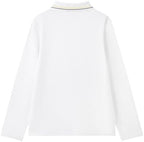 Everanne unisex white cotton blend long sleeve polo shirt with ribbed collar, casual stylish men's and women's top.