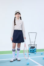 Everanne girls' navy preppy skirt with adjustable waist and built-in shorts, made of comfortable fabric suitable for school or casual wear.