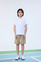 Everanne unisex kids short sleeve polo shirt in white with pique mesh cotton blend fabric, casual and comfortable for children.