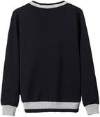 Everanne black unisex V-neck pullover sweater with stripe trim and windproof cotton cuffs, casual and comfortable knitwear.