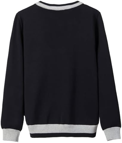 Everanne black unisex V-neck pullover sweater with stripe trim and windproof cotton cuffs, casual and comfortable knitwear.