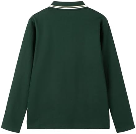 Everanne unisex green cotton blend long sleeve polo shirt with ribbed collar, casual men's and women's fashion top