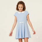 Everanne girls' casual pique short sleeve dress with V-neck, Peter Pan collar, and bow, perfect for stylish everyday wear.