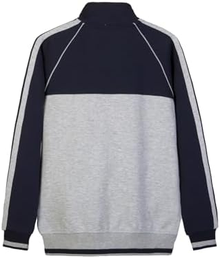 Everanne youth sports zip-up jacket with stand collar featuring navy and light gray colorblock stripes, designed for active wear.