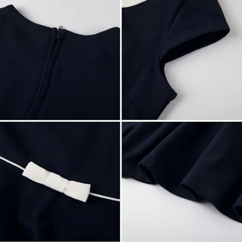 Everanne girls' casual piqué dress with V-neck, Peter Pan collar, bow, in blue, short sleeves, perfect for everyday wear