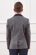 Everanne boys' grey fabric blazer with flat suit collar, durable stitching, rear vent, and smooth lining, ideal for stylish tops.