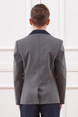 Everanne boys' grey fabric blazer with flat suit collar, durable stitching, rear vent, and smooth lining, ideal for stylish tops.