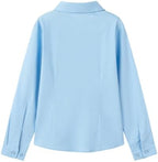 Everanne girls' blue stretch poplin long sleeve school shirt with a club collar, featuring a classic and comfortable design.