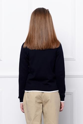Everanne girls' cardigan sweater with striped bow ribbon, cotton fabric, slim fit, elastic trim, breathable and comfortable.