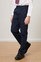 Everanne boys cotton pants with zipper front, structured seams, slant pockets, and adjustable cuffs, shown on a child model.