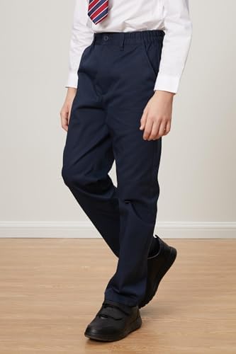 Everanne boys cotton pants with zipper front, structured seams, slant pockets, and adjustable cuffs, shown on a child model.