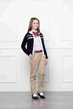 Everanne girls' cardigan sweater with striped bow ribbon, slim fit, breathable combed cotton, elastic trim, and cozy design.