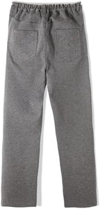 Everanne boys Roma knit slim fit pants with dual waist design, elastic waistband, and resin button in charcoal gray.