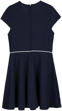Everanne girls' blue pique short sleeve dress with V-neck, Peter Pan collar, and bow, perfect for casual occasions.