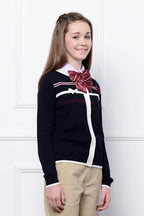 Everanne girls' cardigan sweater with striped bow ribbon, slim fit cotton design, elastic trim, breathable combed cotton fabric.