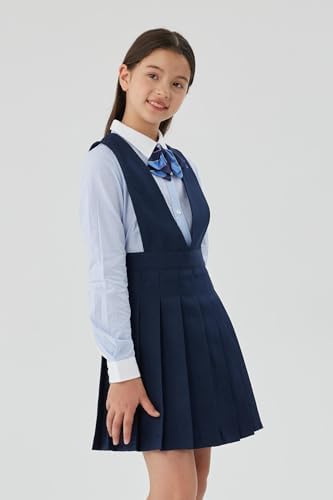Everanne girls' navy twill pleated dress with side zipper and classic backpack design, perfect for casual or dressy occasions.