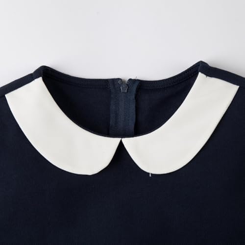 Everanne girls' blue pique short sleeve dress with V-neck, Peter Pan collar, and bow, perfect for casual occasions.