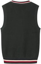 Everanne boys' cotton V-neck sweater vest with striped collar, perfect for school uniforms, styled with a collared shirt.