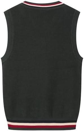 Everanne boys' cotton V-neck sweater vest with striped collar, perfect for school uniforms, styled with a collared shirt.