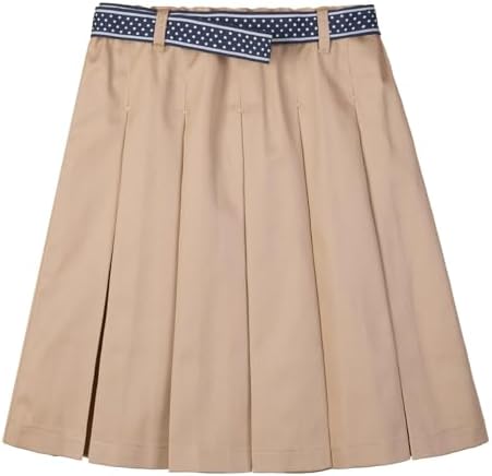 Everanne girls' beige mini skirt with bow tie belt, lightweight twill fabric, school skirt style, perfect for casual or school wear.