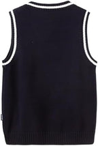 Everanne boys cotton V-neck sweater vest with blue and white stripes and a striped collar, ideal for school uniforms.