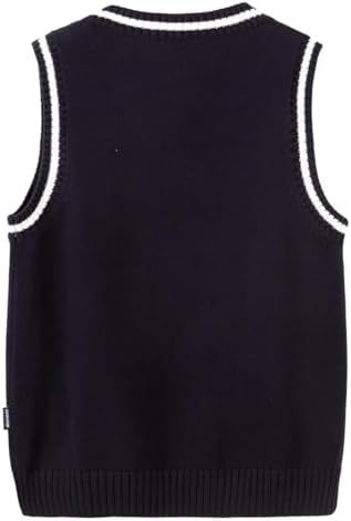 Everanne boys cotton V-neck sweater vest with blue and white stripes and a striped collar, ideal for school uniforms.