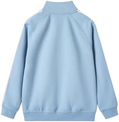 Everanne youth sports zip-up jacket with stand collar and contrast blue stripe, made of lightweight fabric, suitable for active wear.