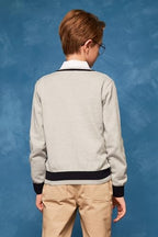 Everanne unisex V-neck pullover sweater with stripe trim, cotton material, windproof cuffs, and a stylish, comfortable fit.