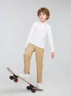 Everanne white unisex cotton blend long sleeve polo shirt with ribbed collar, casual and comfortable for everyday wear.