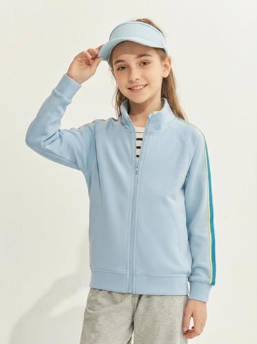 Everanne youth sports zip-up jacket with stand collar and contrast blue stripe, lightweight athletic jacket for active wear.