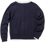 Everanne girls' cardigan sweater with striped bow ribbon, slim fit, breathable combed cotton, elastic trim, and knit texture.