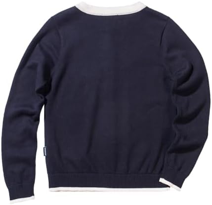 Everanne girls' cardigan sweater with striped bow ribbon, slim fit, breathable combed cotton, elastic trim, and knit texture.