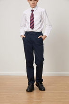 Everanne boys cotton pants with zipper front, structured seams, slant pockets, and adjustable cuffs, made for comfortable style.