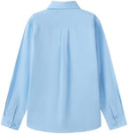 Everanne boys' long sleeve cotton blend shirt with square collar and patch pocket in blue, casual top for kids.