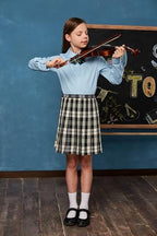 Everanne girls' blue stretch poplin long sleeve school shirt with a club collar, perfect for school uniforms.