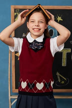 Everanne toddler girl sweater vest with heart design, V-neck, sleeveless knit cotton school outfit in red.