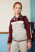 Everanne youth sports zip-up jacket with stand collar and colorblock red stripes, ideal for active wear and sports activities